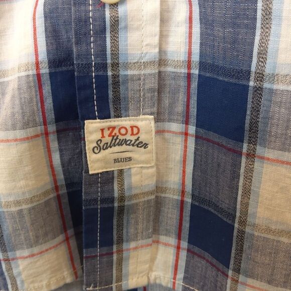 Izod Saltwater blue and white plaid short sleeve button down shirt - Picture 6 of 14